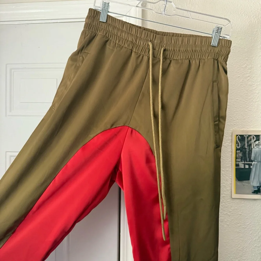 NICE BREED men’s brown red color blocked slim‎ tapered elastic waist satin pants